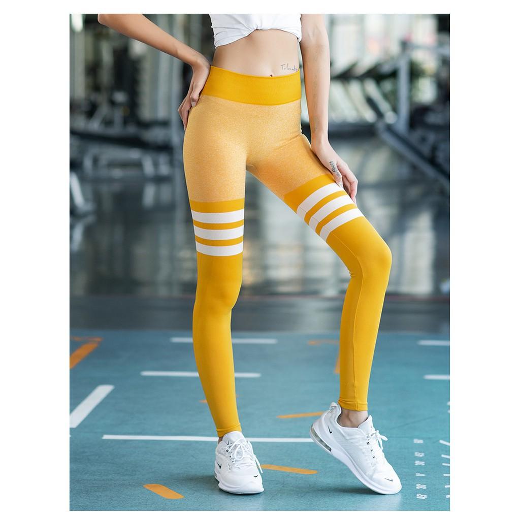 Quần legging tập gym yoga thê thao đùi phối kẻ ngang chất lượng cao cấp