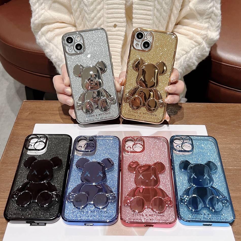 Ốp điện thoại mềm mạ nổi 6D hình gấu nhũ lấp lánh cho 7 plus 8 plus xs max 11 pro max