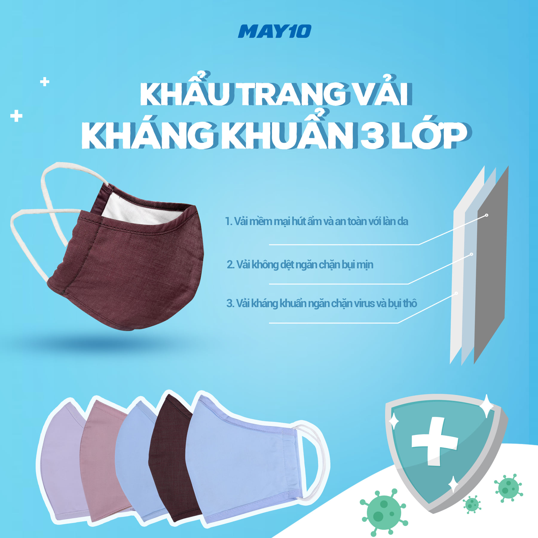 COMBO 3 khẩu trang vải 3 lớp May 10 không chọn màu