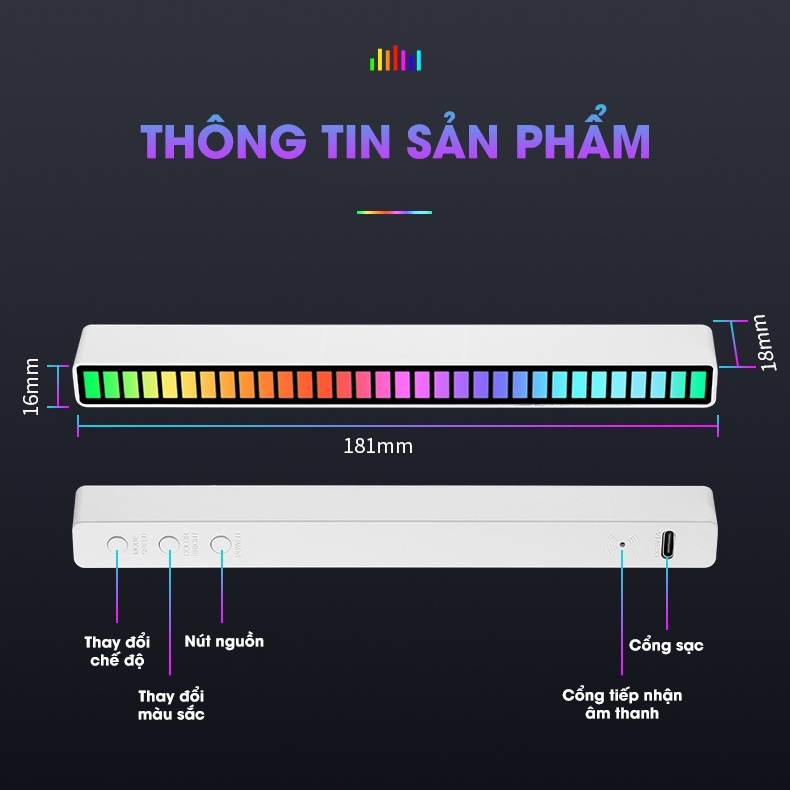 Thanh đèn LED RGB nháy theo nhạc có kết nối app điều khiển có pin sạc, Đèn TikTok trang trí decor 16 triệu màu cảm ứng âm thanh siêu nhạy