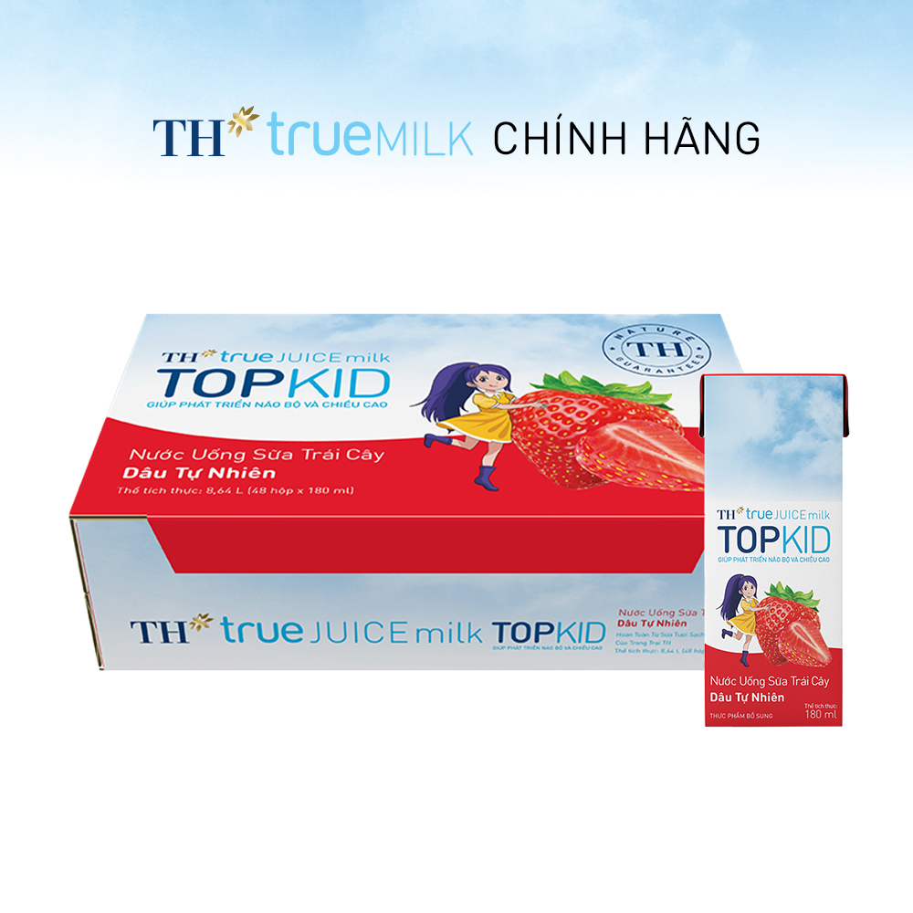 Thùng 48 hộp sữa trái cây TOPKID hương dâu tự nhiên TH True Juice Milk 180ml (180ml x 48)