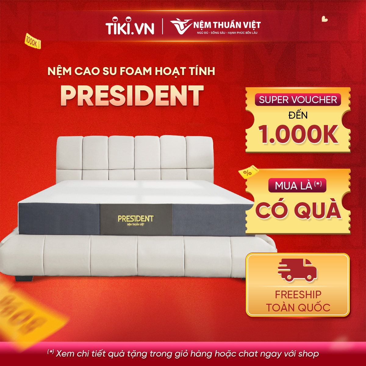 Nệm cao su thiên nhiên hoạt tính Thuần Việt President - Đầy đủ kích thước - Nệm cao cấp, nâng đỡ tuyệt vời