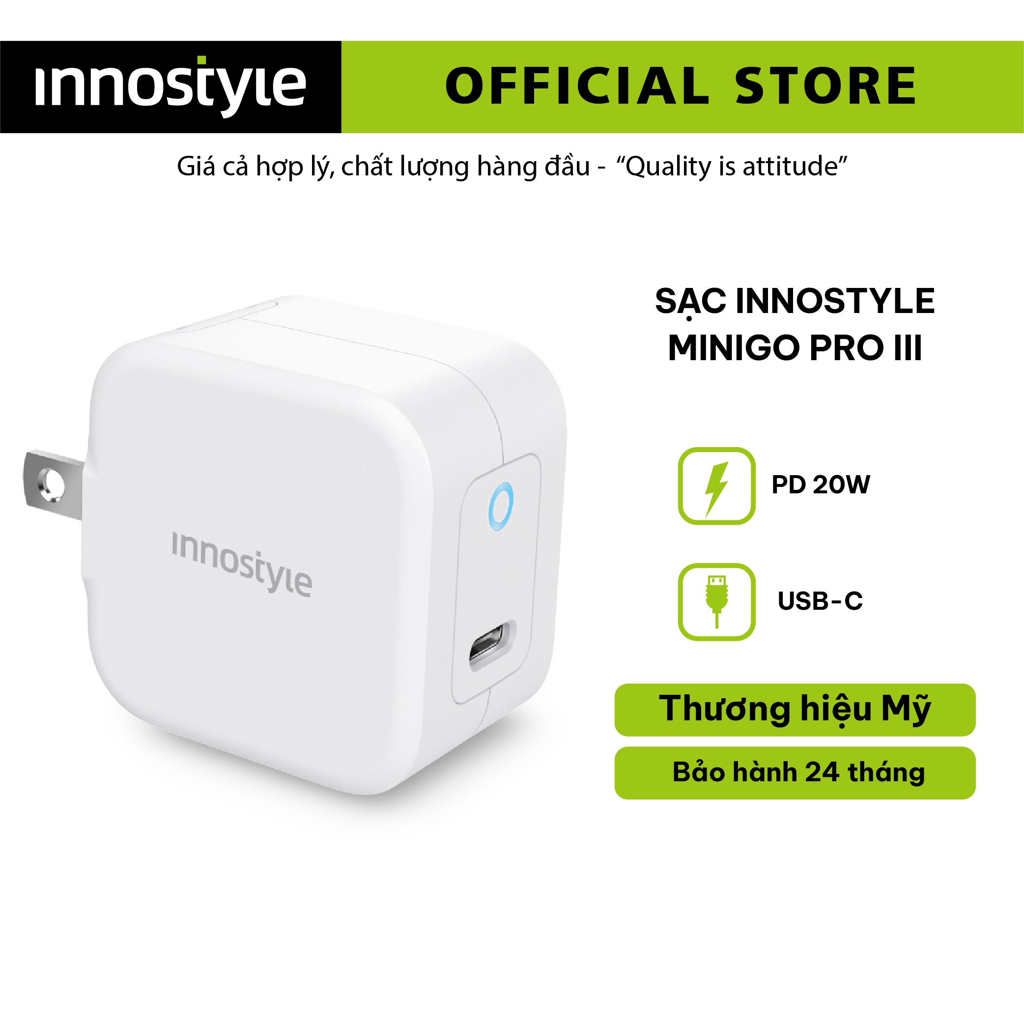SẠC NHANH INNOSTYLE USB-C PD 20W MINIGO III WHITE - Hàng Chính Hãng - IC20PDWHI