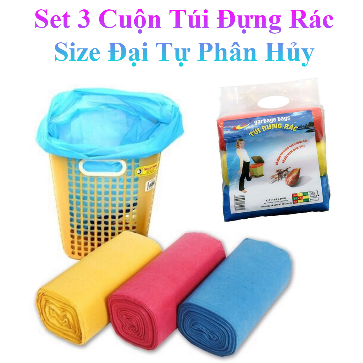 Set 3 Cuộn Túi Đựng Rác Size Đại 78X64Cm Tự Phân Hủy 3 Màu Nặng 1Kg
