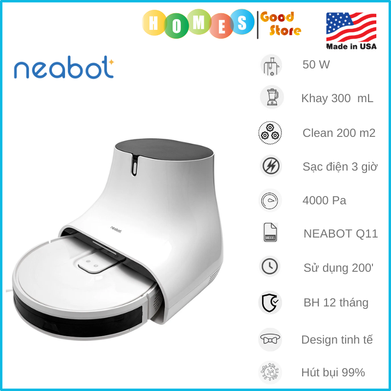 Robot Hút Bụi Lau Nhà Tự Đổ Rác NEABOT Q11 - Thương Hiệu Mỹ Công Nghệ Nhận Diện LDS 6.0 Mới Nhất Lưu 30 Bản Đồ Nói Tiếng Việt Lực Hút 4000 Pa Pin 5200 mAh Công Suất 50W - Hàng Chính Hãng