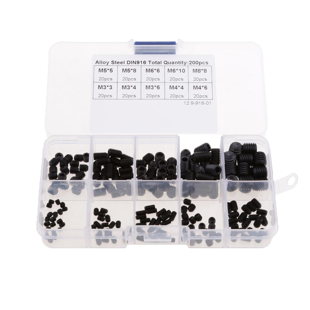 200Pcs M3 M4 M5 M6 M8 Carbon Steel Head Hex Socket Grub Screws Assorted Kit
