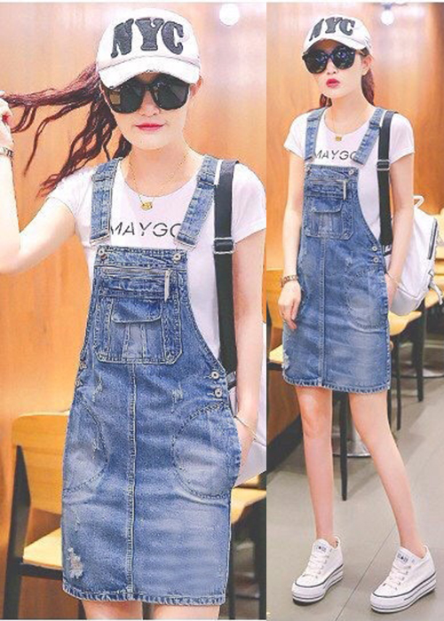 Đầm Yếm Jean Nữ Wash Cào Phối Túi Đáng Yêu