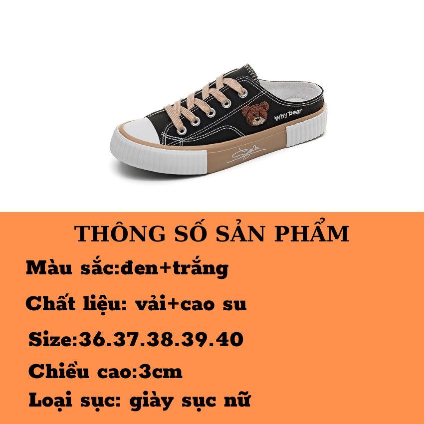 Giày Sục Nữ Thể Thao Giá Rẻ Bằng Vải Đế Cao Su 3 Phân Êm Chân,Sục Nữ Thêu Gấu Màu Đen Và Trắng S05