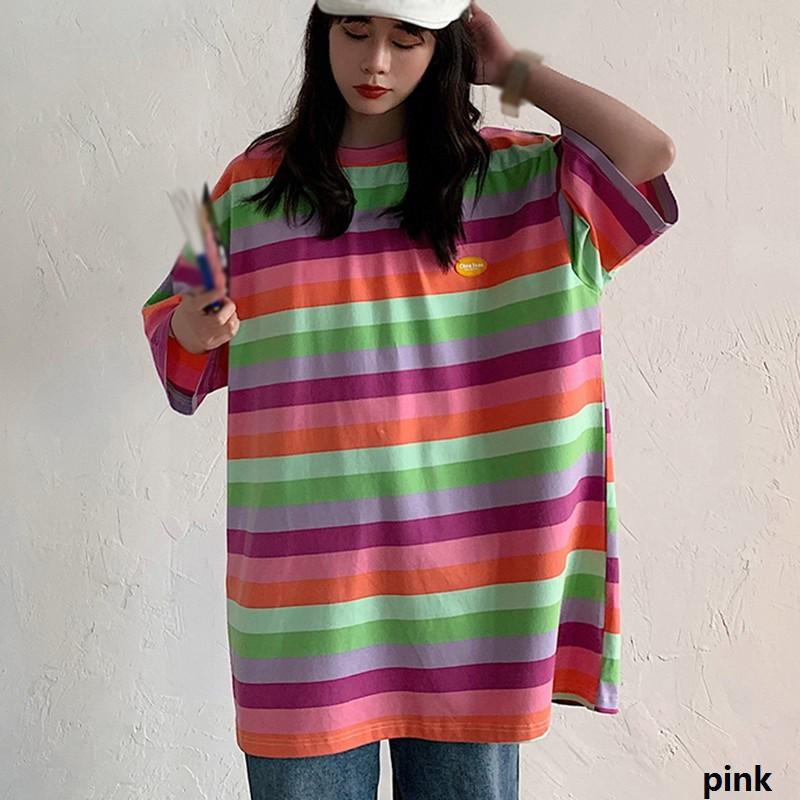 Women's Summer Casual T Shirt Short Sleeve O-Neck Rainbow Striped Loose Tee Lovers Tops