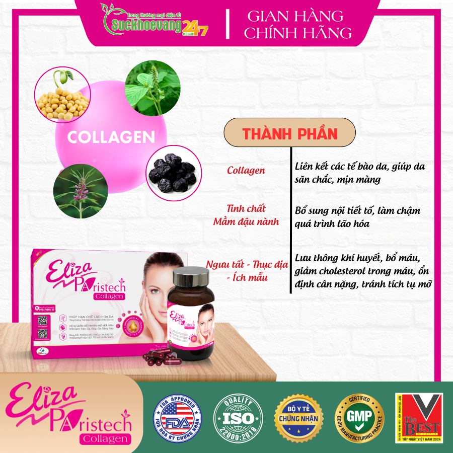 Viên uống collagen Eliza PARISTECH giúp làm đẹp da, chống lão hóa - Hộp/Lọ 30 viên