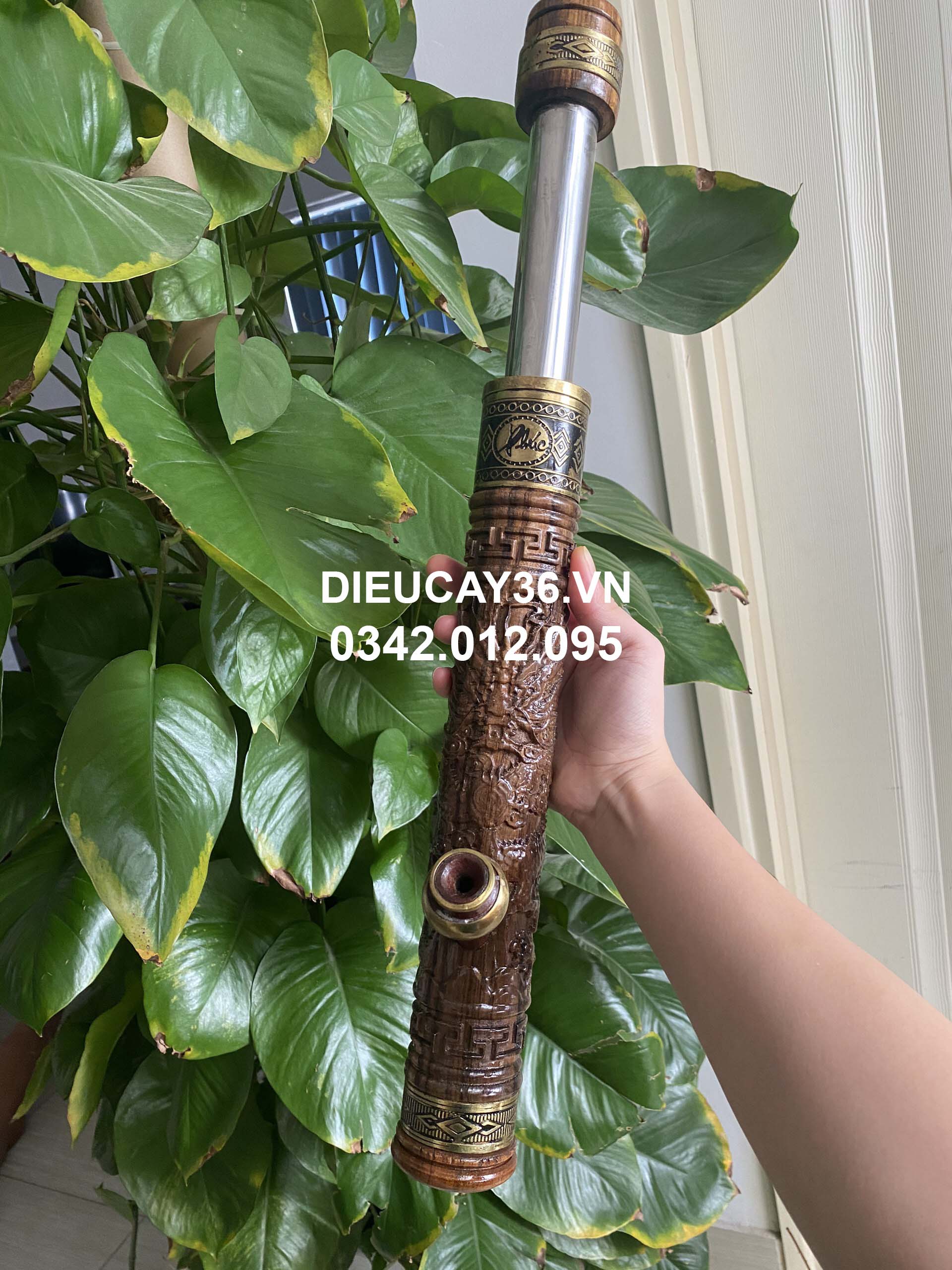 Điếu Cày Mini Gỗ Mun 40Cm Rút Dài 55 Cm Chống Đổ Nước Kèm Bao Da