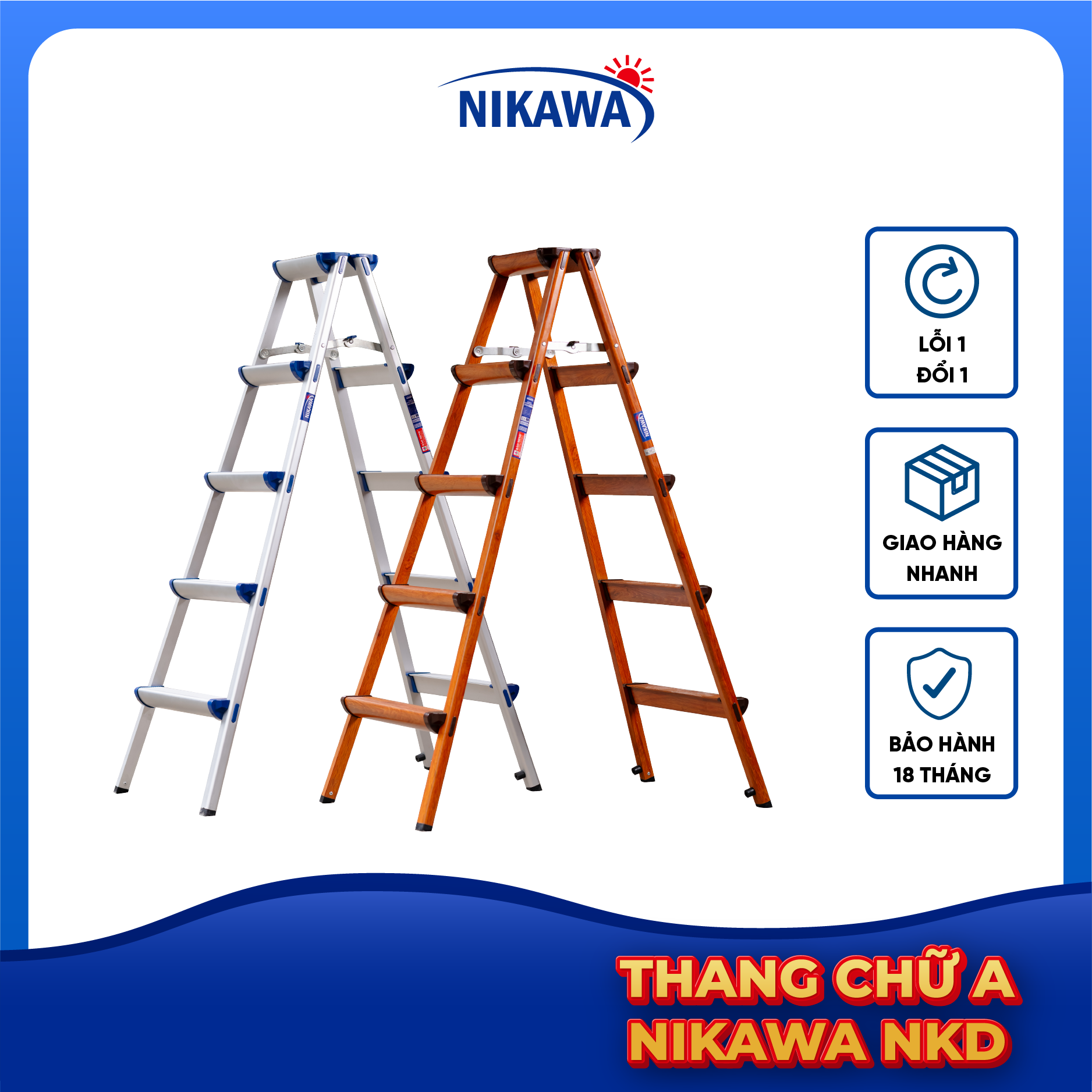 Thang Nhôm Gấp Chữ A , Siêu Nhẹ , chính hãng Nikawa,  NKD 3,4,5 bậc ( 75cm-125cm)