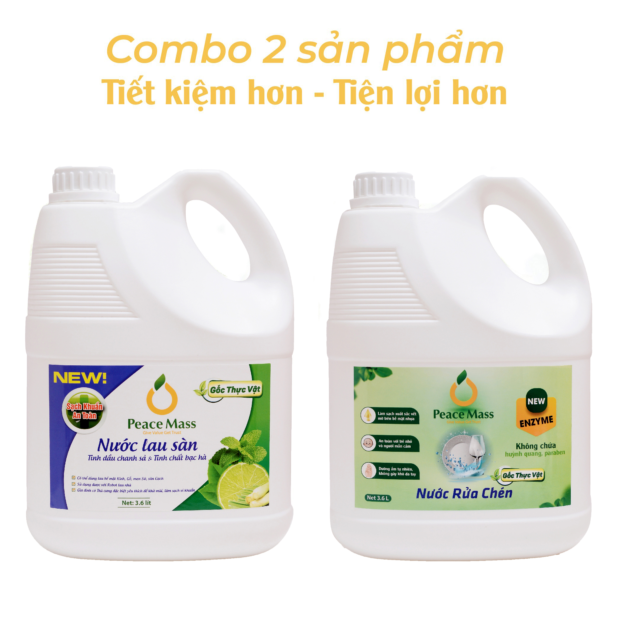 Combo Sản Phẩm Gốc Thực Vật LSB3 Peace Mass Nước Lau Sàn TD Chanh Sả - Bạc Hà 3.6 l + Nước Rửa Chén 3.6 l (Thuộc nhóm Sản phẩm Lành tính / Hữu cơ)