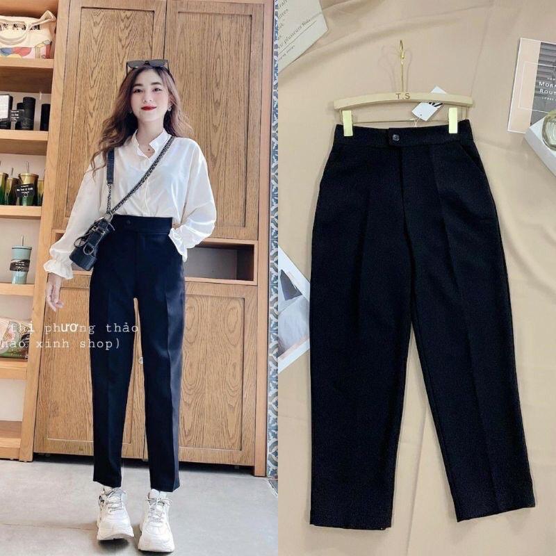 Quần tây khuy lệch lưng cao kiểu dáng công sở, quần baggy cúc lệch ống suông, màu đen cho nữ