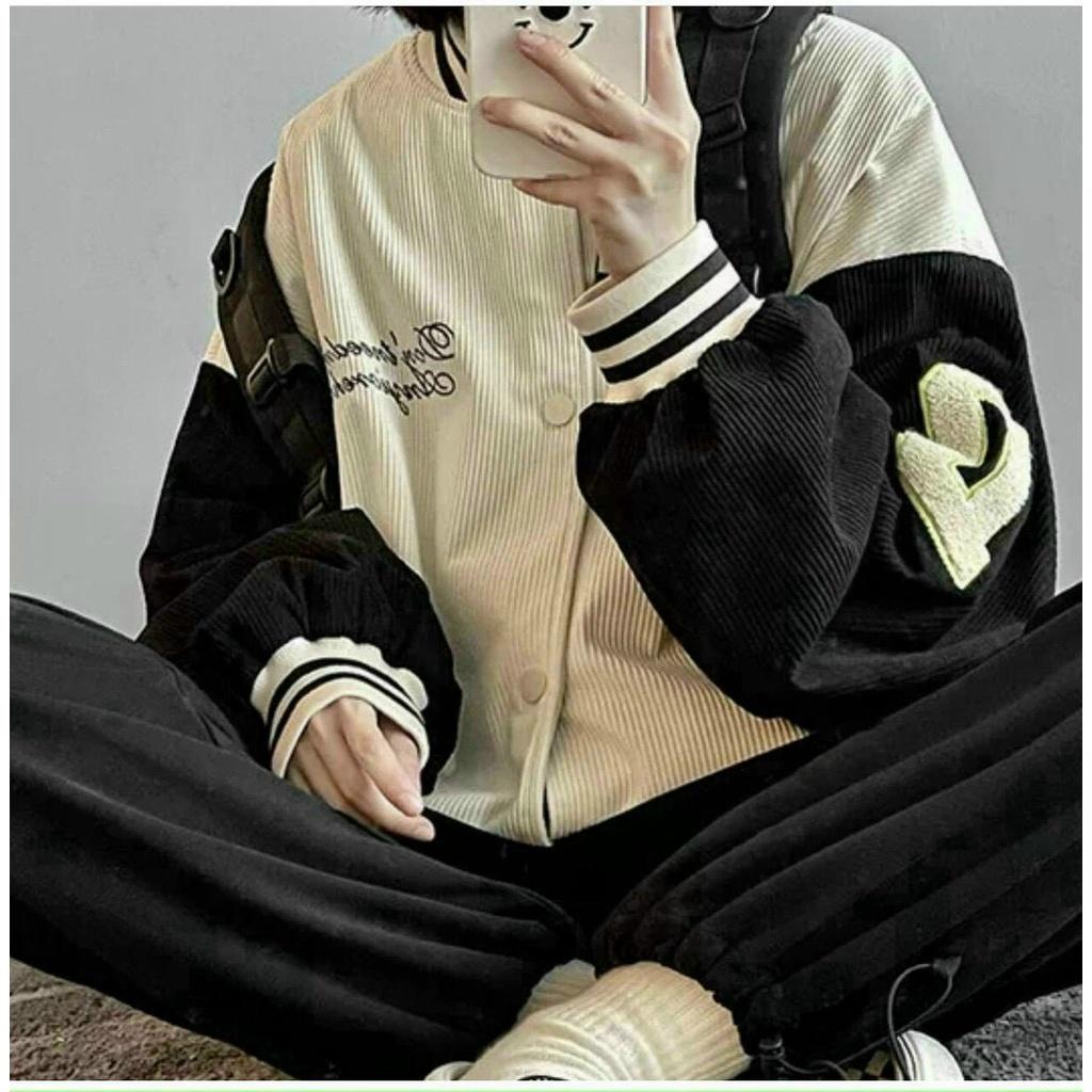 Áo khoác Bomber bóng chày dáng rộng nhung