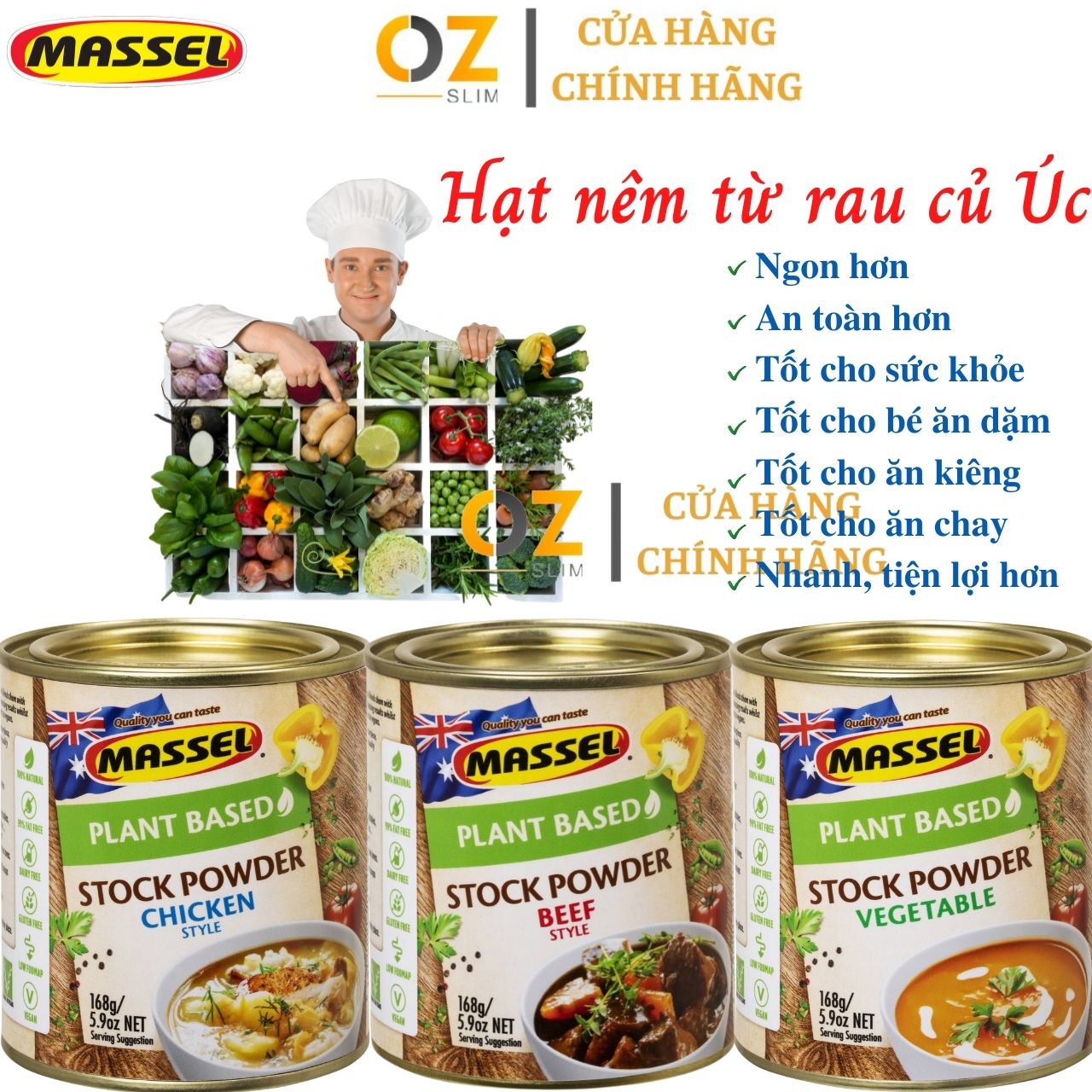 Hạt nêm rau củ Massel Úc 100% từ rau củ thảo mộc bảo vệ sức khỏe, dành cho ăn chay, ăn mặn, ăn kiêng và cho bé ăn dặm - OZ Slim Store