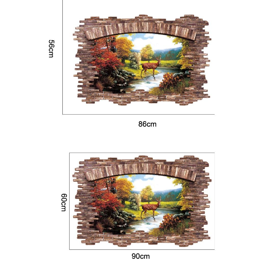 Decal tranh dán tường 3D trang trí nhà cửa - khu rừng và con hươu