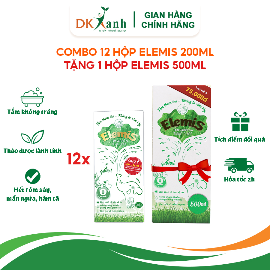 Combo 12 chai tắm bé Elemis 200ml - DK Pharma (hàng đã tích điểm) - Tặng 1 chai Elemis 500ml