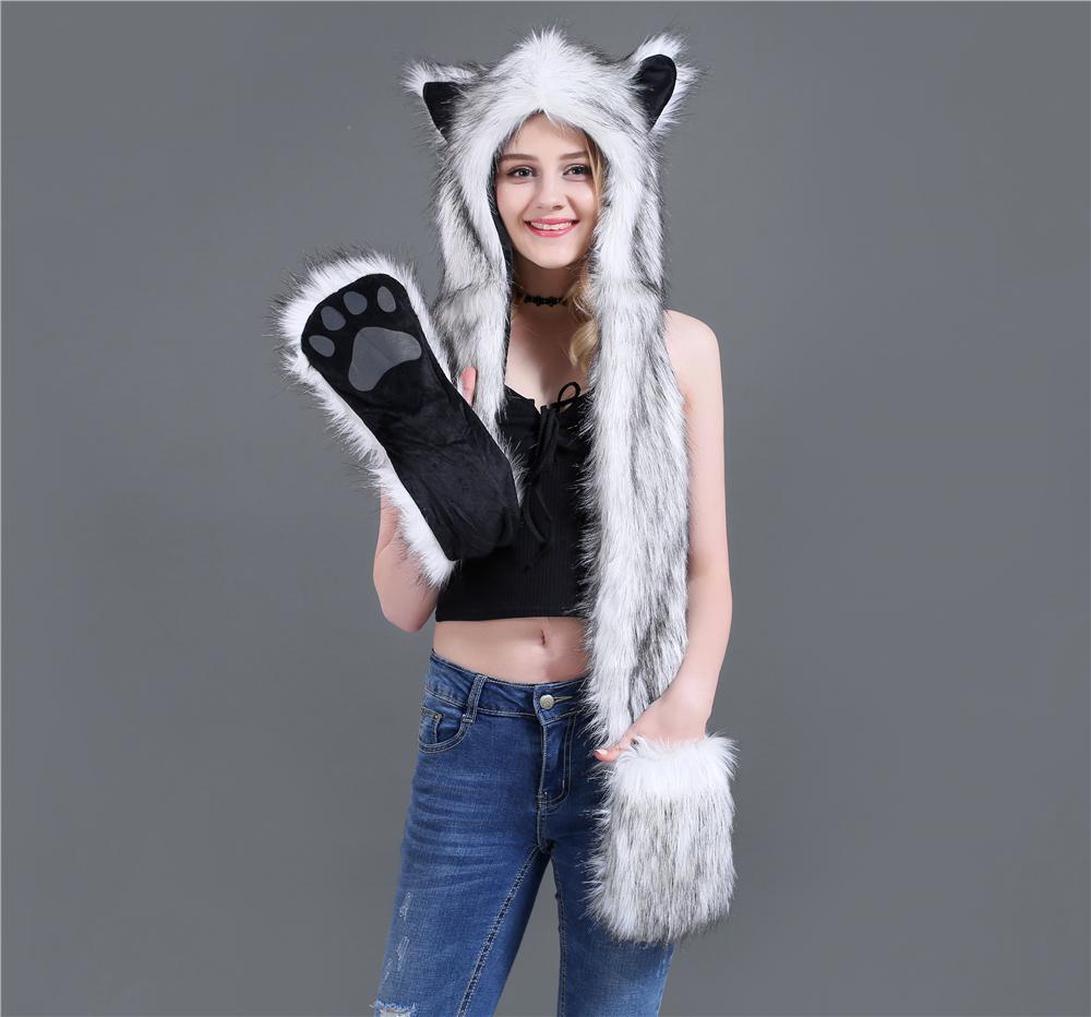 Hot Áo Lông Thú Giả Ấm Khăn Quàng Cổ Cho Mùa Đông Sói Hổ Husky Hood Khăn Mũ Găng Tay Bộ Nữ Cô Gái Động Vật Tinh Thần mũ Lưỡi Trai