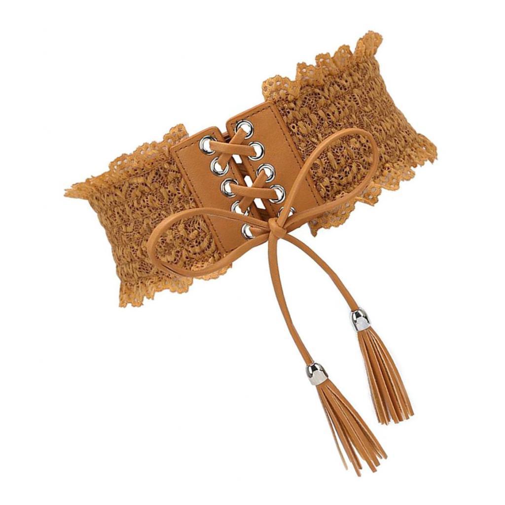 Womens Lace Leather Wide Waist Belt Elastic Band Corset Light Tan