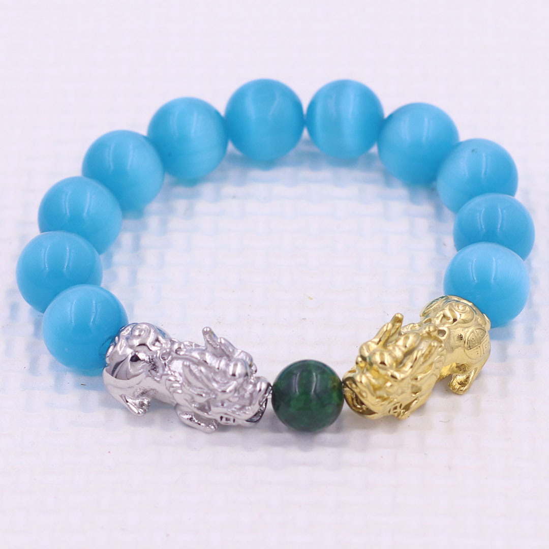 Vòng chuỗi đeo tay đá mắt mèo xanh biển 12 ly charm tỳ hưu đôi inox trắng và vàng, vòng chuỗi phong thủy, charm tỳ hưu, vòng tay hạt chuỗi