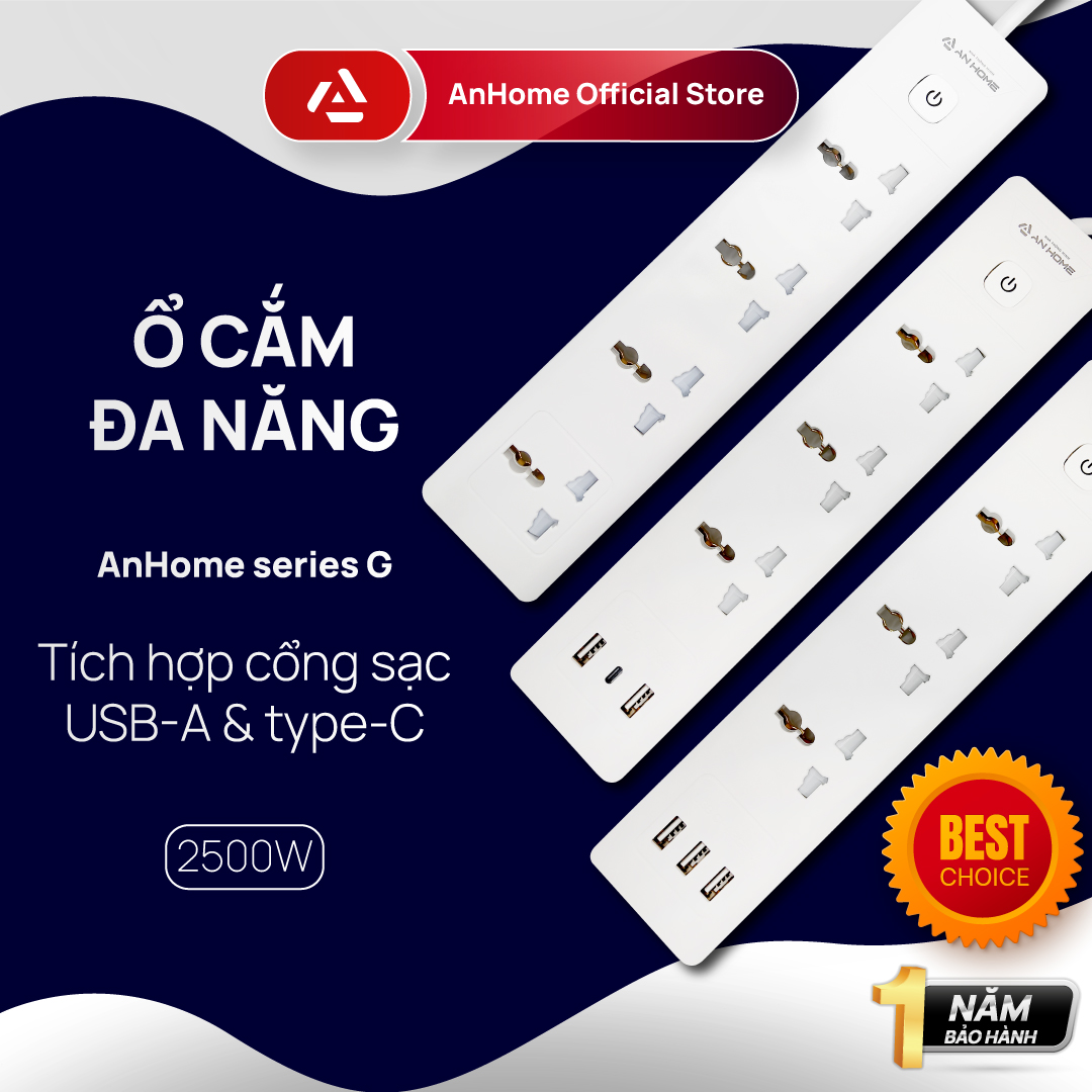 Ổ cắm điện đa năng 2500W AnHome G Series tích hợp USB-TypeC 12W, thiết kế sang trọng, chất liệu chống cháy lan