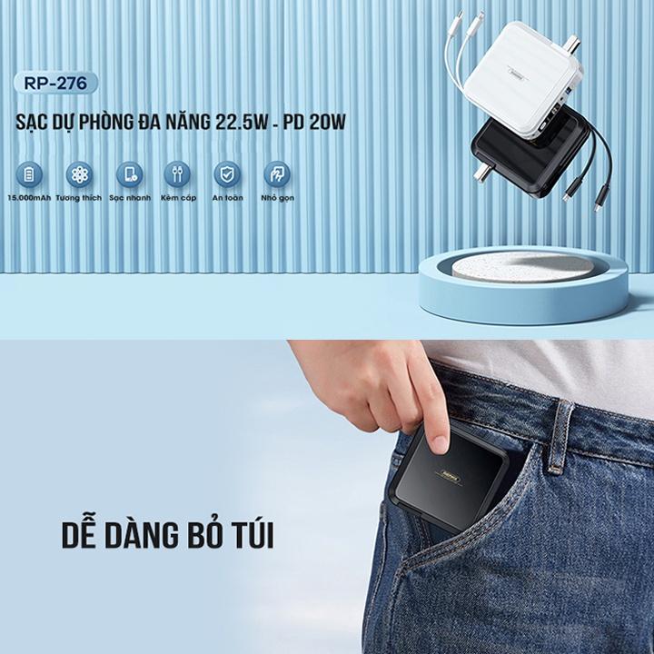 Cốc sạc nhanh kiêm pin sạc dự phòng đa năng Remax RPP-276 15000mAh tích hợp cáp sạc type C và iphone