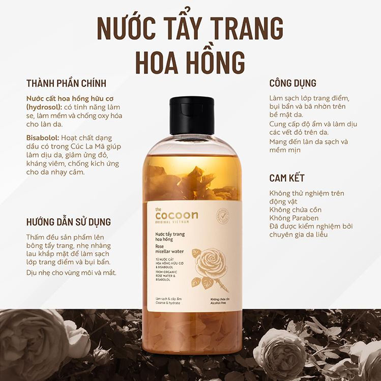 Combo sạch sâu cấp ẩm Cocoon : 1 nước tẩy trang hoa hồng 500ml + 1 dầu tẩy trang hoa hồng Cocoon 140ml