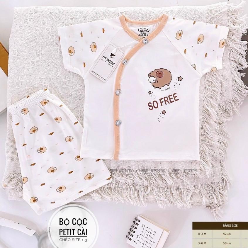 (3-9kg) Bộ Quần Áo Cộc Tay Họa Tiết Dễ Thương Chất Thun Petit Mềm, Mát, Co Giãn Tốt Thích Hợp Mặc Hè Cho Bé - Viền Nâu Be