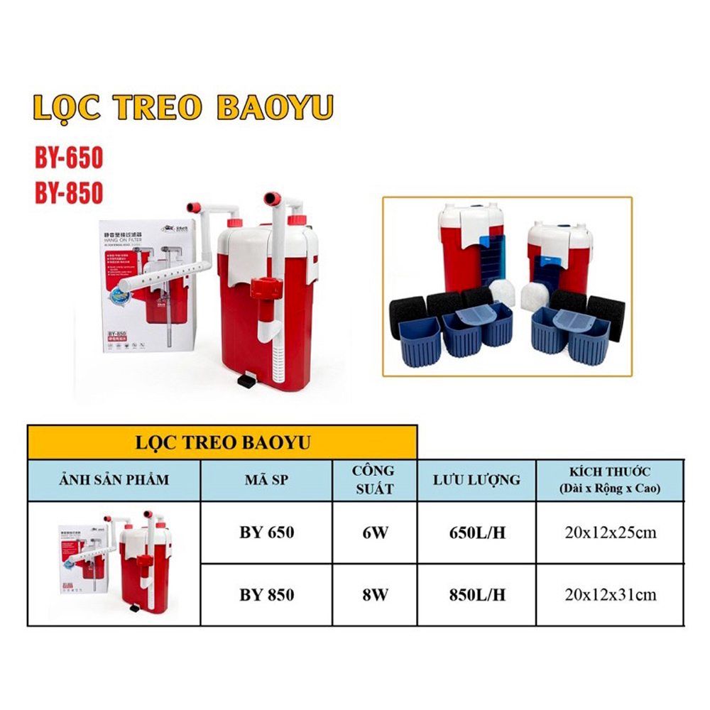 Lọc treo bể cá BY-650, BY-850 công suất mạnh, có lọc váng xoay
