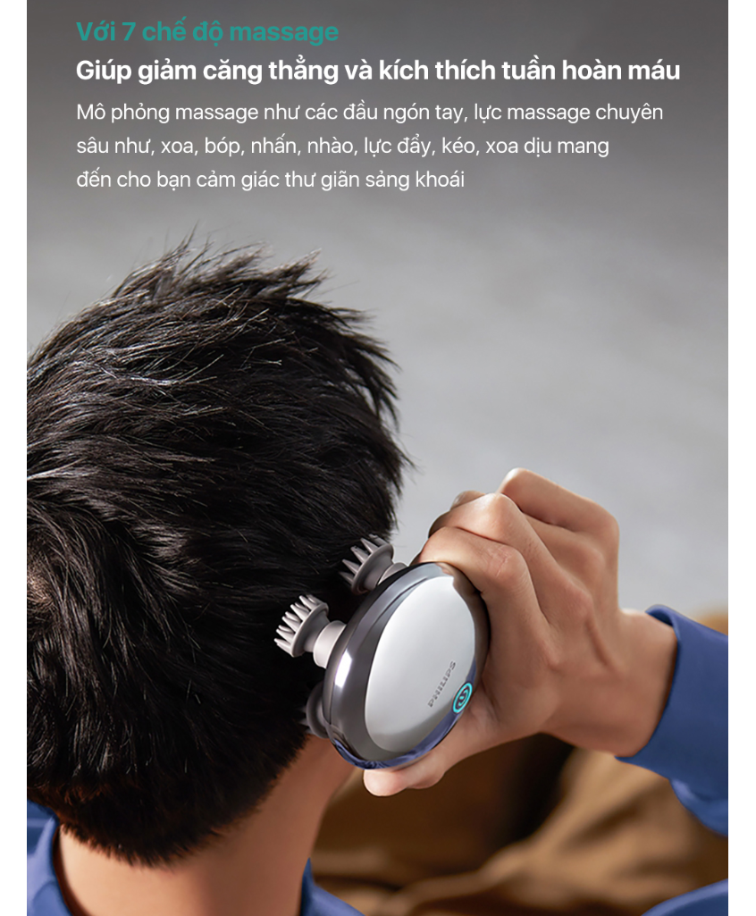 Máy massage đầu Philips PPM1301 mô phỏng massage như các đầu ngón tay, 7 chế độ massage thư giãn - Hàng chính hãng