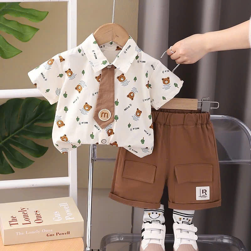 SET ÁO SƠ MI HỌA TIẾT GẤU CÀ VẠT QUẦN ĐÙI KAKI CHO BÉ TRAI 1-5 TUỔI