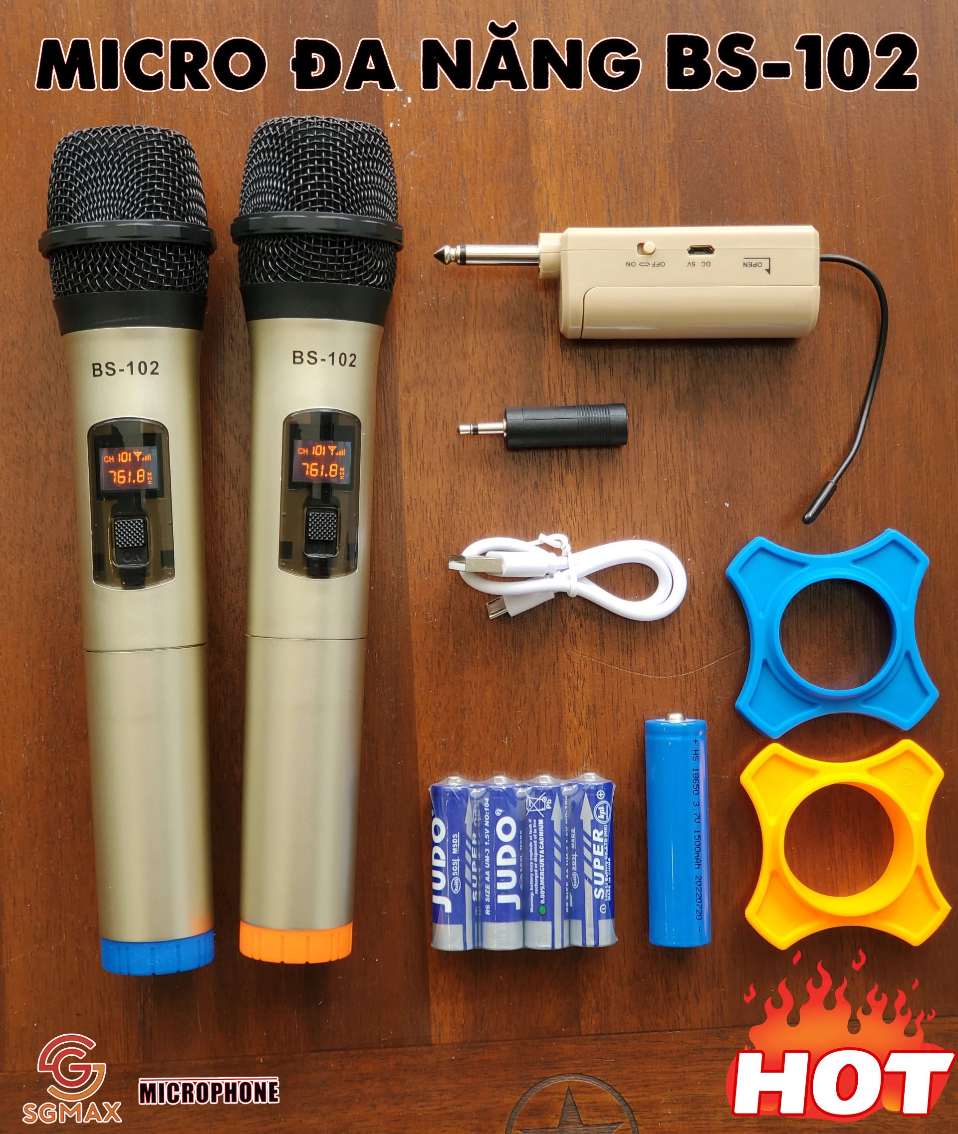 Combo 2 micro không dây SGMAX BS 102 chuyên dùng cho loa kéo, amply siêu hay micro nhẹ hút âm chống hú tốt