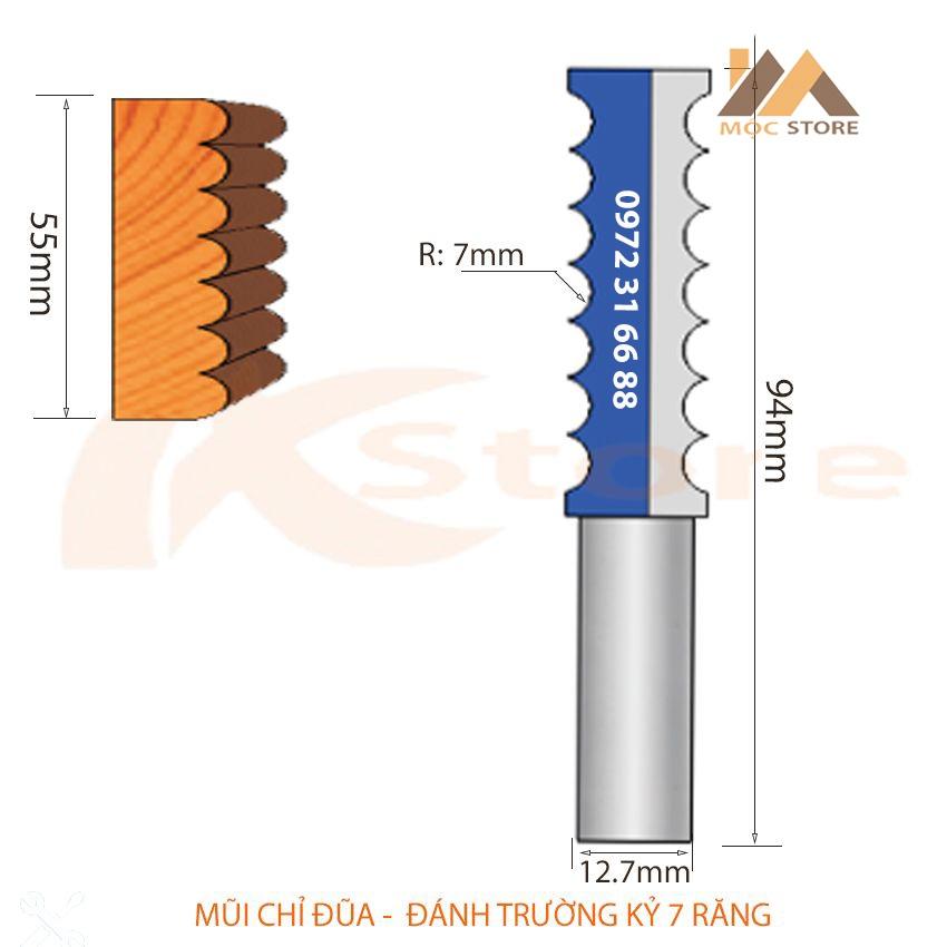 MŨI PHAY GỖ - MŨI SOI GỖ ĐÁNH CHỈ ĐŨA - MŨI TRƯỜNG KỶ 7 RĂNG 55MM CỐT 12.7MM, HÀNG VIỆT NAM CHẤT LƯỢNG CAO