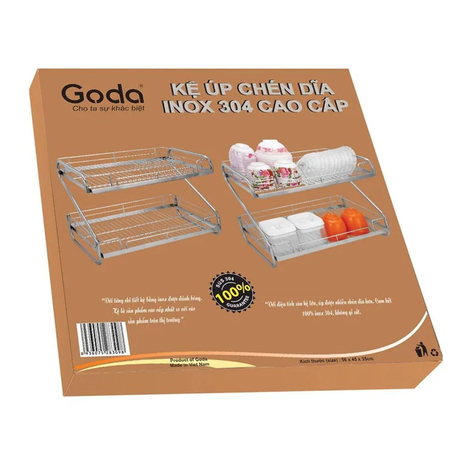 Kệ inox 304 úp chén dĩa 2 tầng chữ S Goda có khay hứng nước
