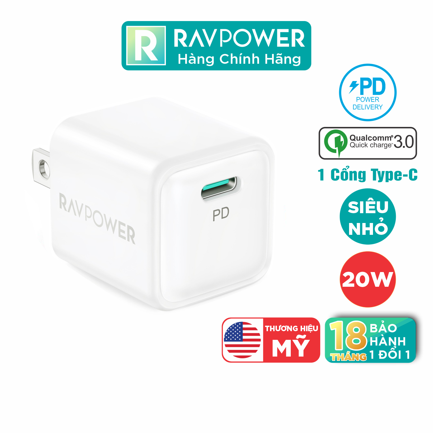 Adapter Củ Sạc Siêu Nhỏ RAVPower RP-PC150 USB Type C PD 20W Sạc Nhanh iPhone, iPad, Android - Hàng Chính Hãng