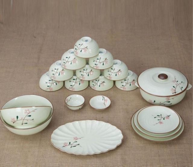Bộ đồ ăn vẽ hoa đào hồng men kem