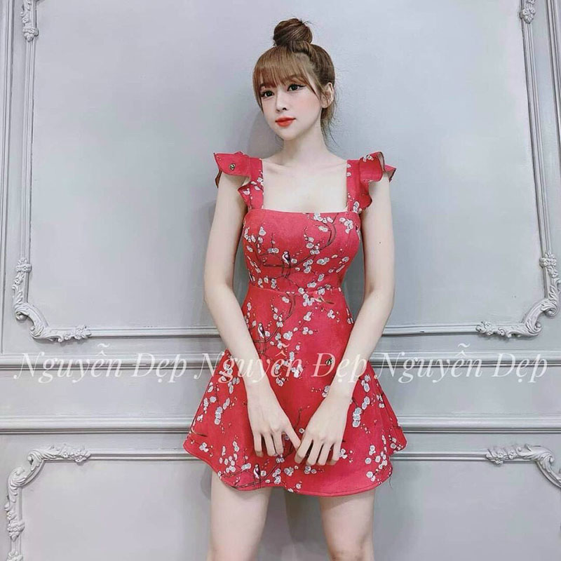 Đầm Xòe Hoa Đào Có Mút Ngực Thun Dẻo In 3D  - Hậu Nguyễn Store