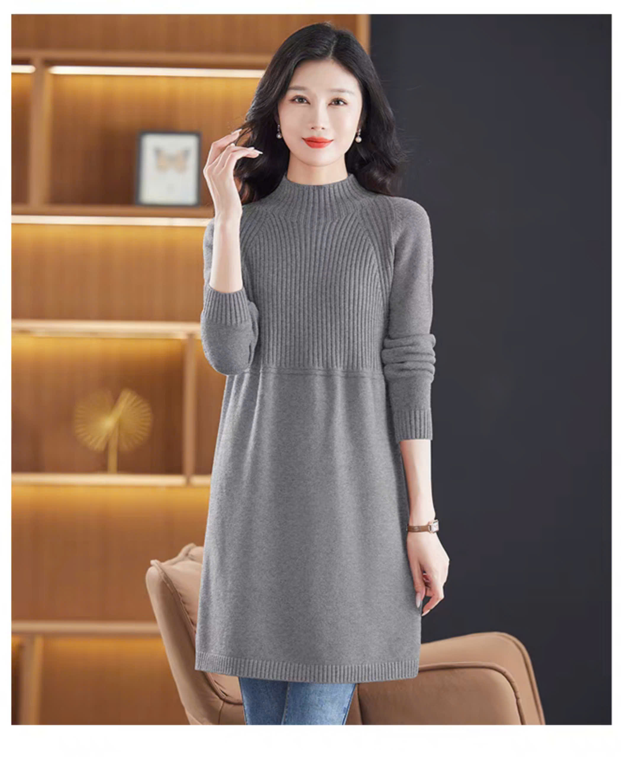 Đầm len dành cho nữ chất dày, không xù lông bai nhão, đầm nữ cổ 3 phân mùa đông
