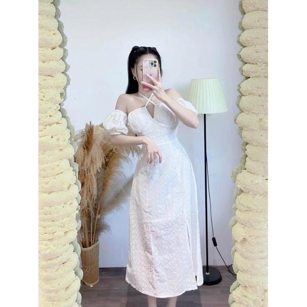 Đầm midi rớt vai cup ngực khoét dây cổ yếm