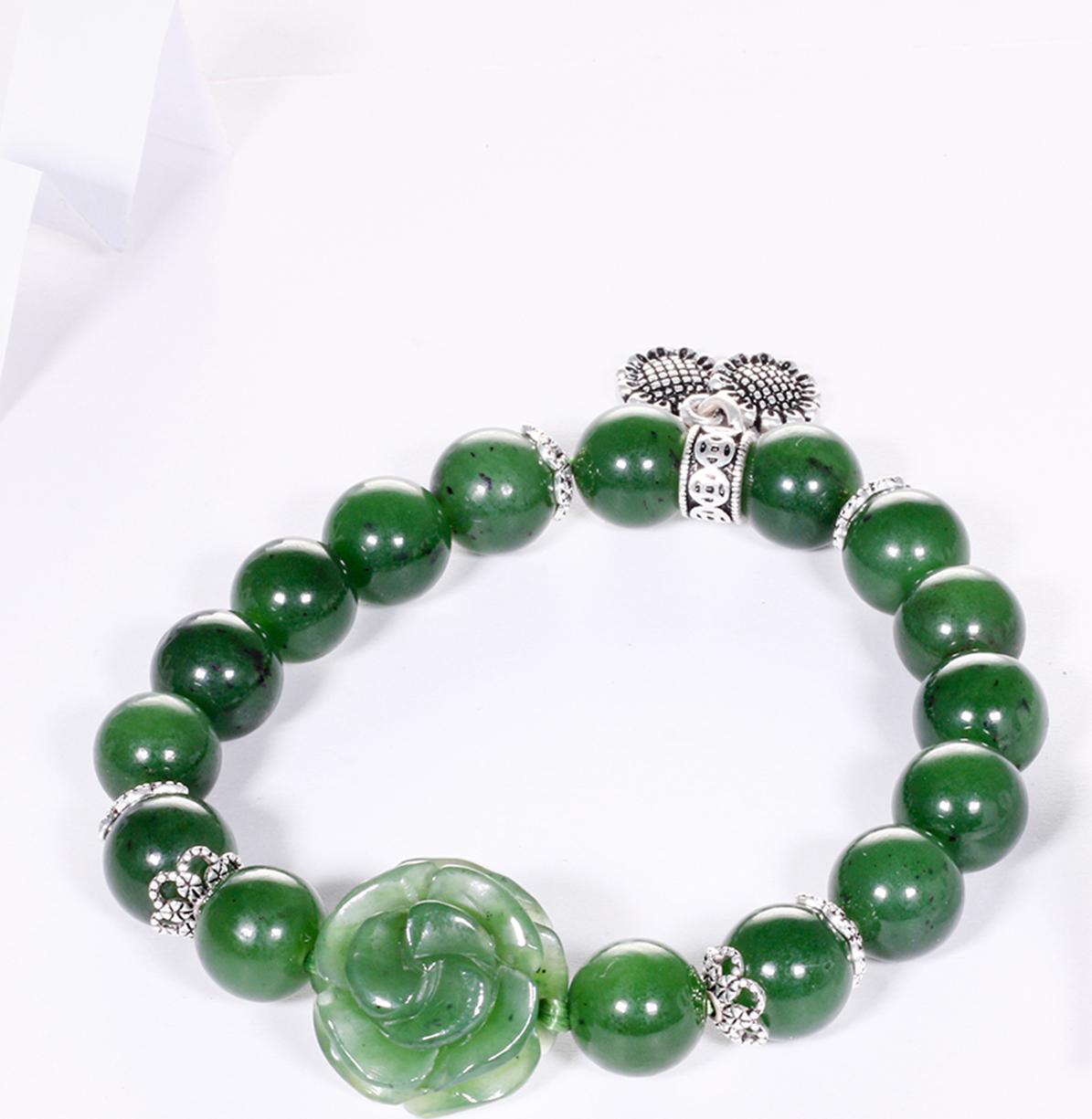 Vòng tay đá ngọc bích mix hoa mẫu đơn và charm bạc hạt đá 10mm mệnh hỏa, mộc - Ngọc Quý Gemstones
