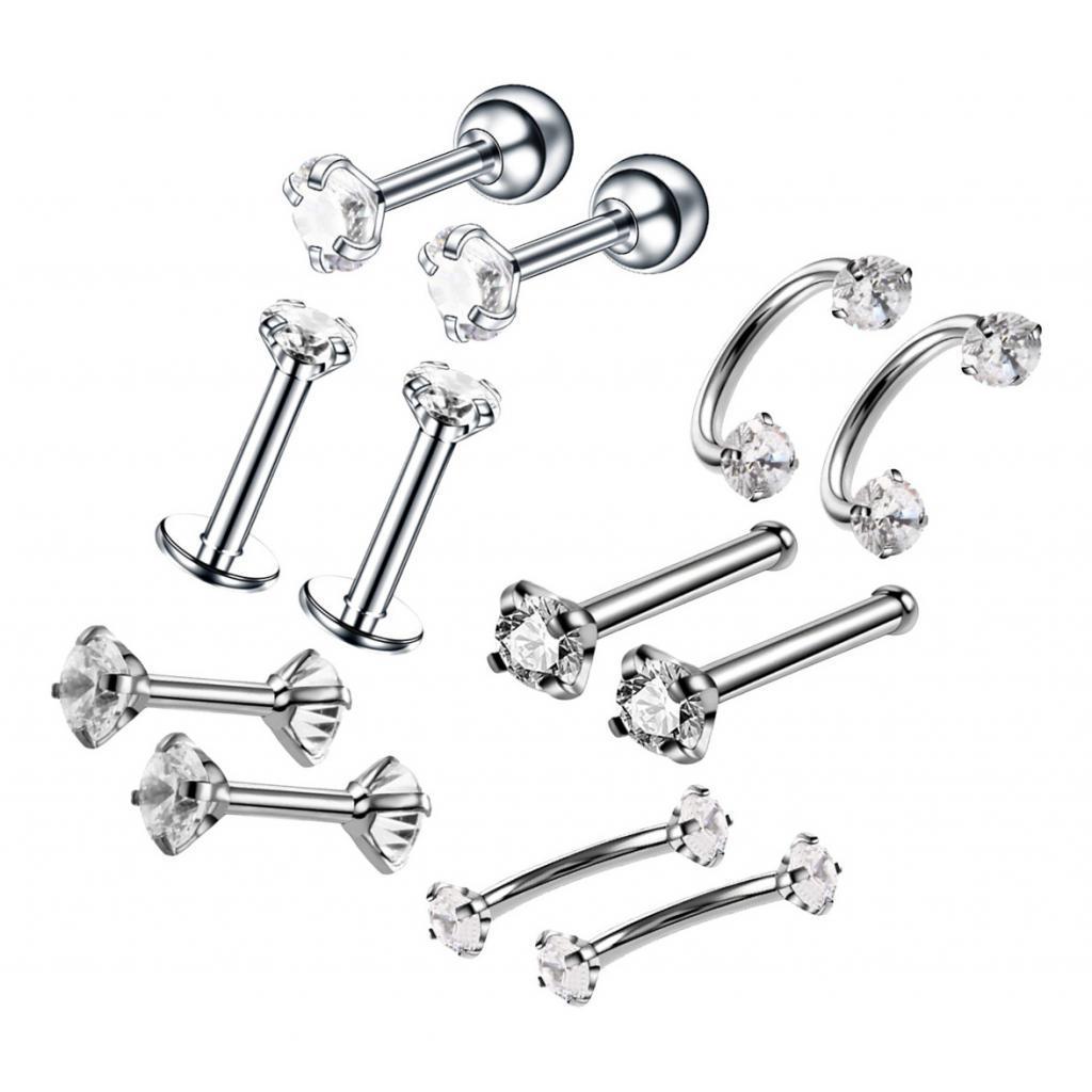 12pcs Stainless Steel Colored Zircon Lip Nose Nail Piercing Jewelry