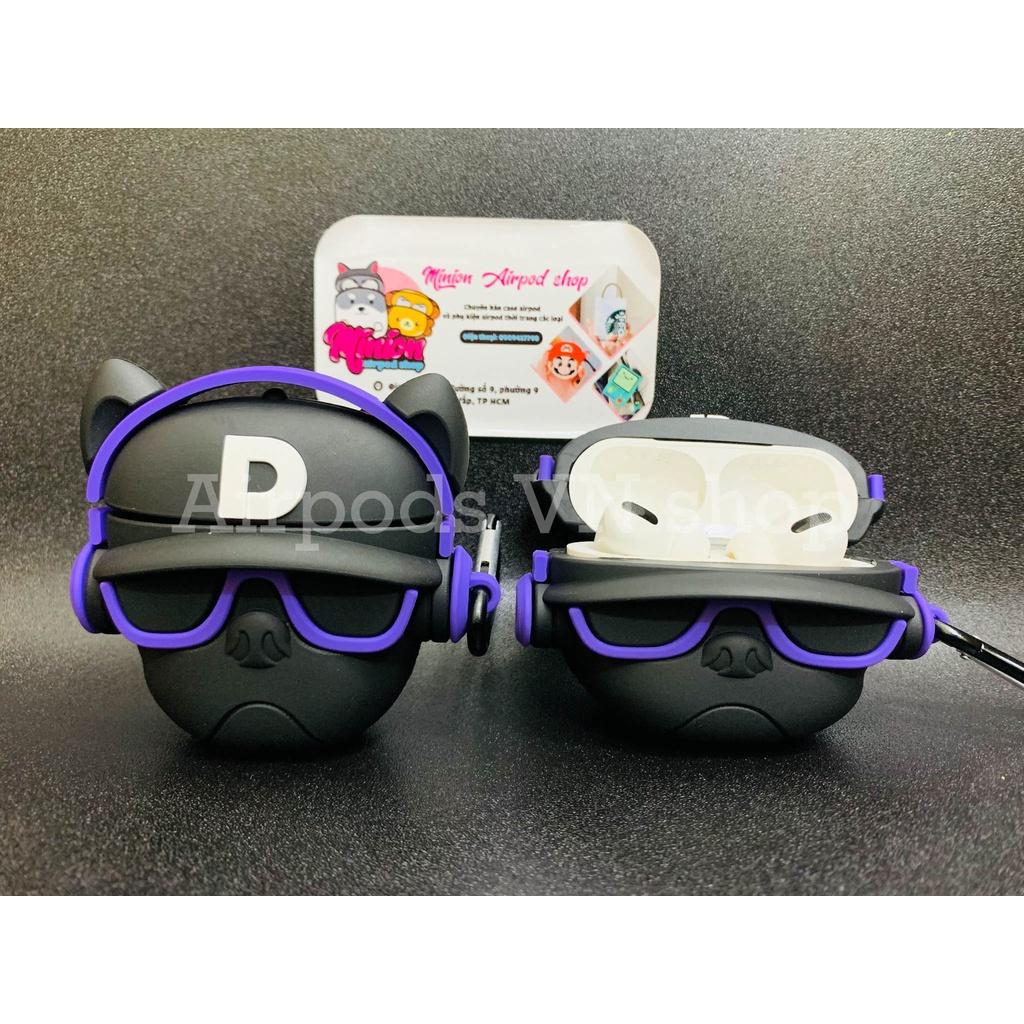 Bao Case Ốp dành cho Airpods 1/2 &amp; Airpods Pro bulldog mang headphone tím siêu chất silicon cao cấp