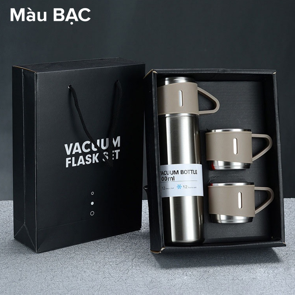 Màu Bạc - bình giữ nhiệt 500ml tặng 2 cốc - Kiểu cách đóng gói hộp quà - có nút nhấn uống trực tiếp - Hàng chính hãng