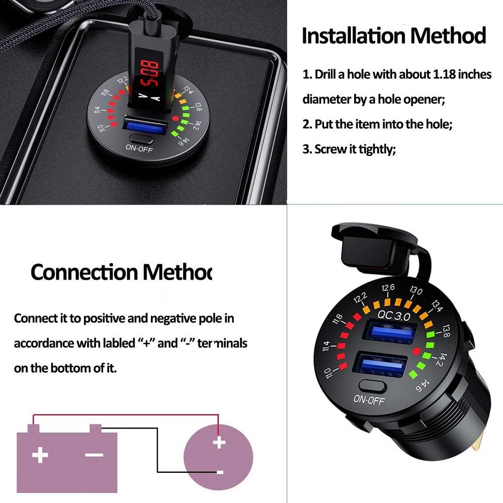 QC3.0 kép USB Bộ sạc ổ cắm Voltmeter chuyển đổi Waterproof 36W 6A USB Outlet sạc nhanh cho xe máy 12V xe máy.