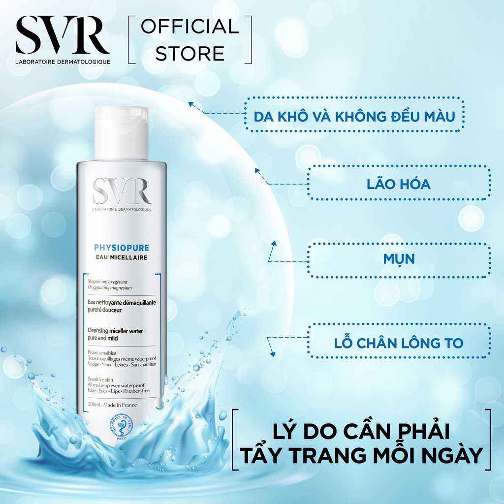 Dung Dịch Rửa Mặt, Tẩy Trang Dành Cho Mặt, Vùng Mắt Và Môi SVR Physiopure Eau Micellaire Chai 200ml - PEM200