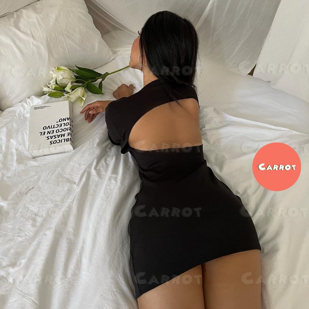 Đầm body sexy tay dài ôm hở lưng chất co giãn váy nữ tôn dáng sáng da chất thun co giãn tốt carrotxinhdep
