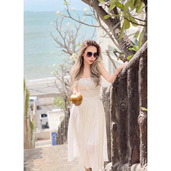 Đầm 2 dây nhún TRẮNG ĐỎ XANH