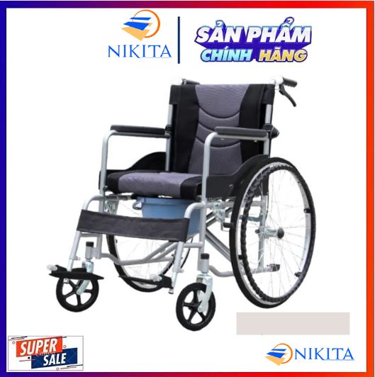 Xe lăn tay có tích hợp bô vệ sinh kèm đệm, tấm lót tựa lưng và chổ ngồi vải tổ Ong thoáng khí có thể tháo rời để vệ sinh - S213-3+D