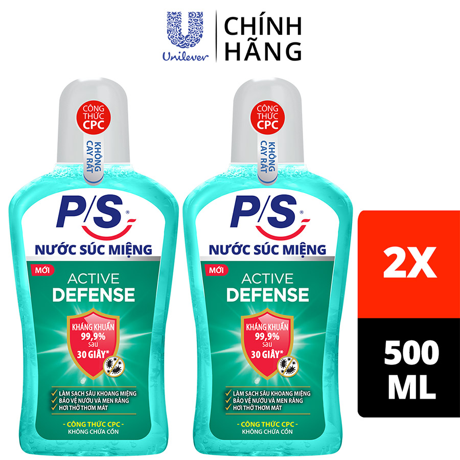 Bộ 2 Nước súc miệng P/S Active Defense Chuyên gia kháng khuẩn 500ml giúp kháng khuẩn 99.9% chỉ sau 30 giây